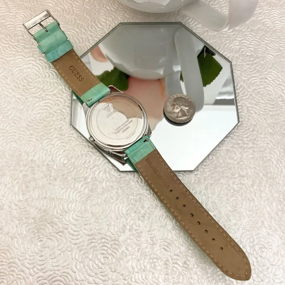 Guess Crystal Accented Bezel and Dial Large Face Watch with Leather Strap